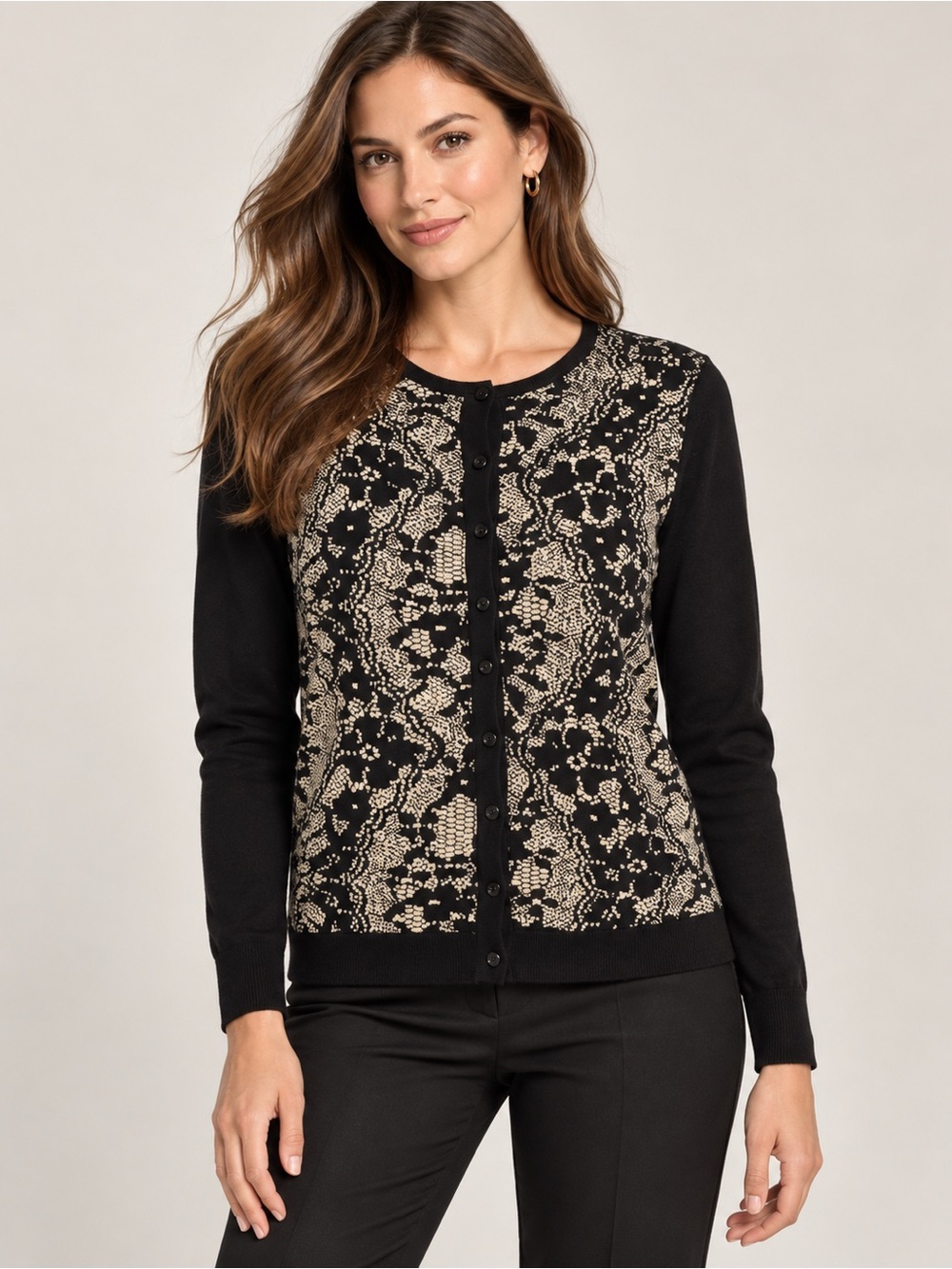 August Silk Cardigan Medium Black Ivory Floral Button Front Lightweight Sweater